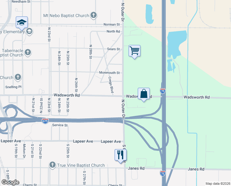 map of restaurants, bars, coffee shops, grocery stores, and more near 519 Crego Boulevard in Saginaw