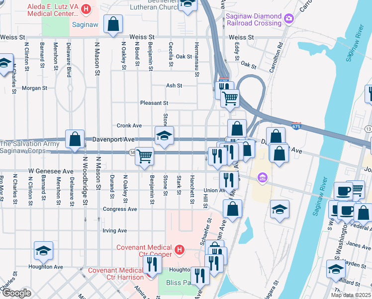 map of restaurants, bars, coffee shops, grocery stores, and more near 810 State Street in Saginaw