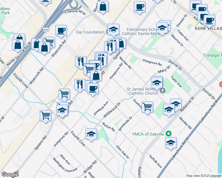 map of restaurants, bars, coffee shops, grocery stores, and more near 440 Pinegrove Road in Oakville
