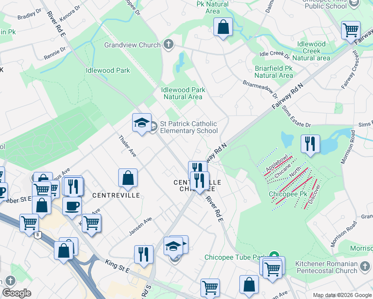 map of restaurants, bars, coffee shops, grocery stores, and more near in Kitchener