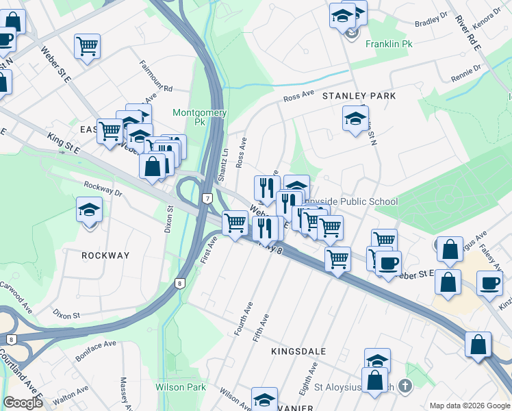 map of restaurants, bars, coffee shops, grocery stores, and more near 50 Wilfred Avenue in Kitchener