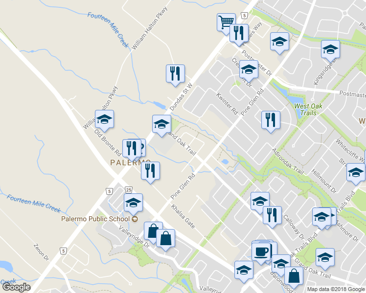 map of restaurants, bars, coffee shops, grocery stores, and more near 2570 Grand Oak Trail in Oakville