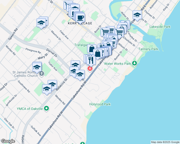 map of restaurants, bars, coffee shops, grocery stores, and more near 205 Lakeshore Road West in Oakville
