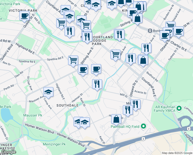 map of restaurants, bars, coffee shops, grocery stores, and more near 300 Mill Street in Kitchener