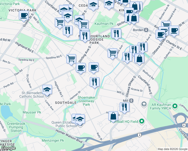 map of restaurants, bars, coffee shops, grocery stores, and more near 300 Mill Street in Kitchener