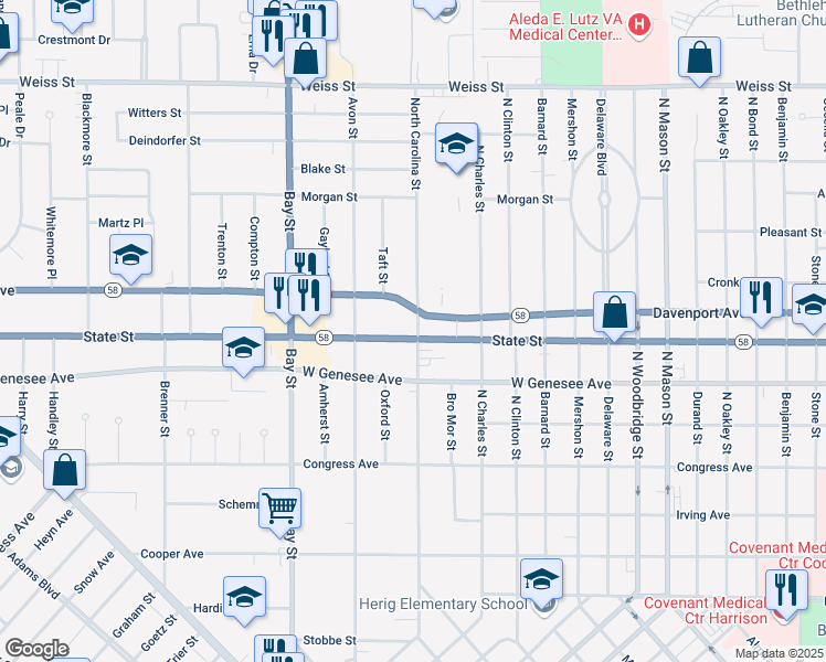 map of restaurants, bars, coffee shops, grocery stores, and more near 2302 State Street in Saginaw