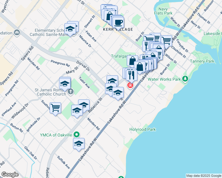 map of restaurants, bars, coffee shops, grocery stores, and more near 257 Rebecca Street in Oakville