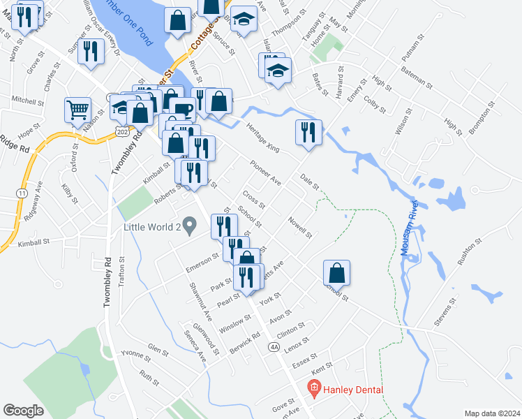 map of restaurants, bars, coffee shops, grocery stores, and more near 12 Cross Street in Sanford