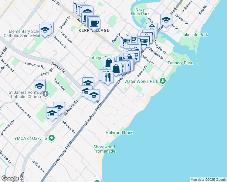 map of restaurants, bars, coffee shops, grocery stores, and more near in Oakville