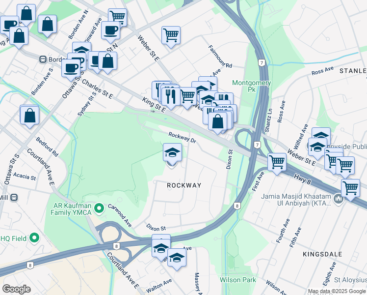 map of restaurants, bars, coffee shops, grocery stores, and more near 34 Doon Road in Kitchener