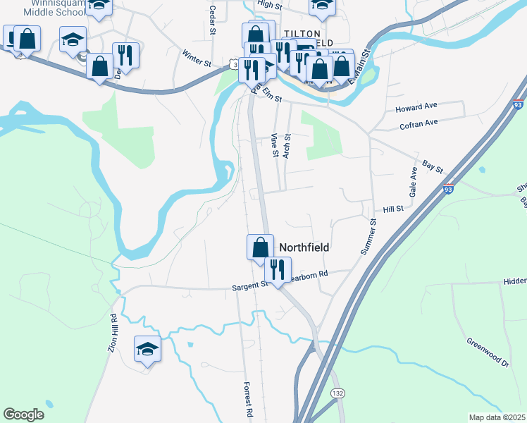 map of restaurants, bars, coffee shops, grocery stores, and more near Park Street in Northfield