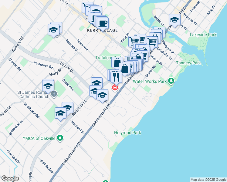 map of restaurants, bars, coffee shops, grocery stores, and more near in Oakville