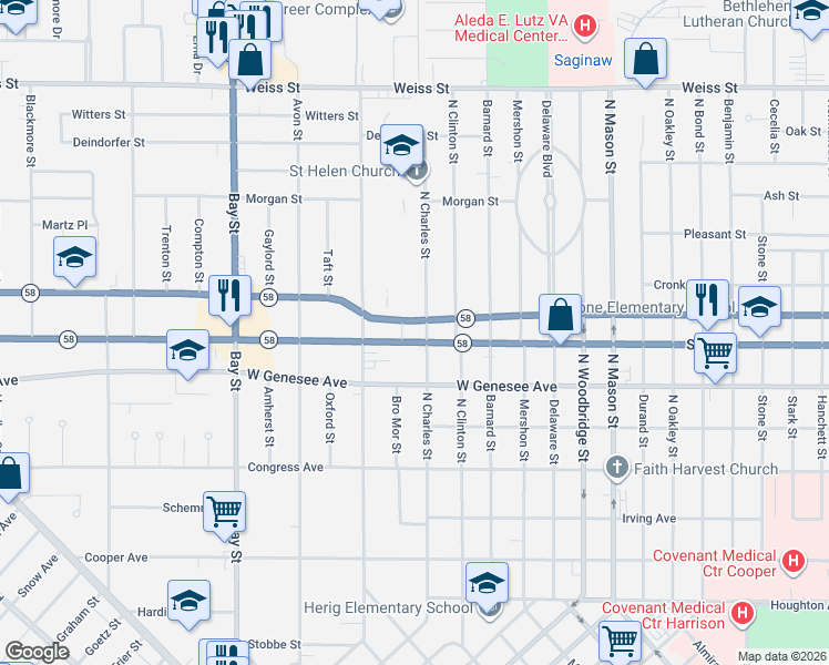 map of restaurants, bars, coffee shops, grocery stores, and more near 2112 Davenport Avenue in Saginaw