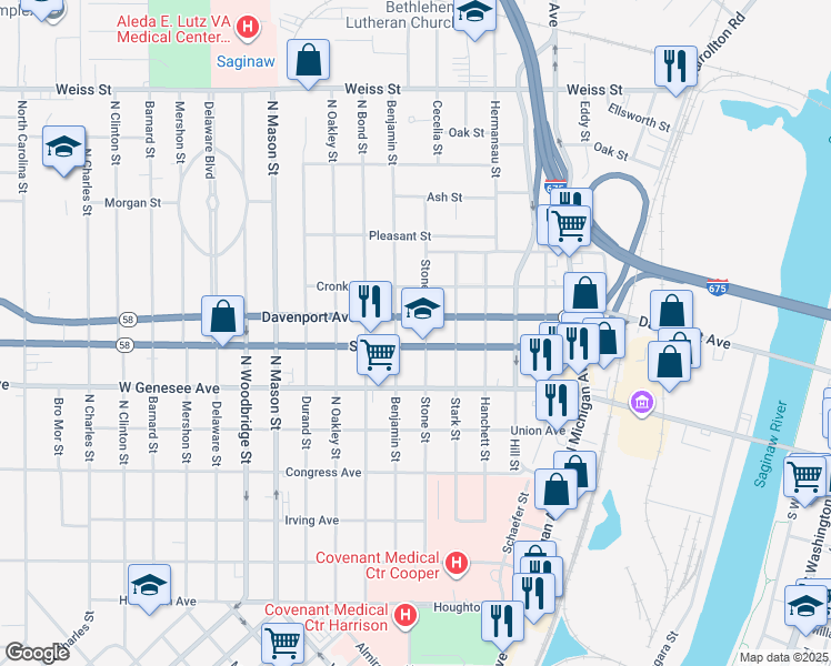 map of restaurants, bars, coffee shops, grocery stores, and more near 1006 State Street in Saginaw