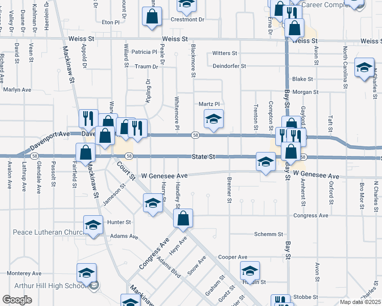 map of restaurants, bars, coffee shops, grocery stores, and more near 3102 State Street in Saginaw