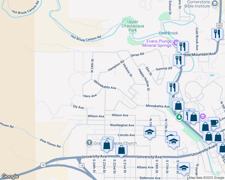 map of restaurants, bars, coffee shops, grocery stores, and more near 20490-20494 Minnekahta Avenue in Hot Springs