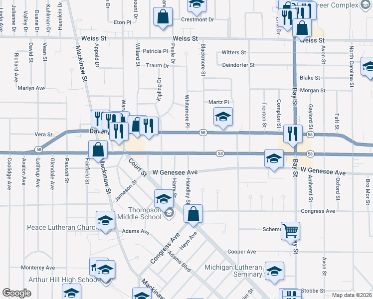 map of restaurants, bars, coffee shops, grocery stores, and more near 3144 State Street in Saginaw