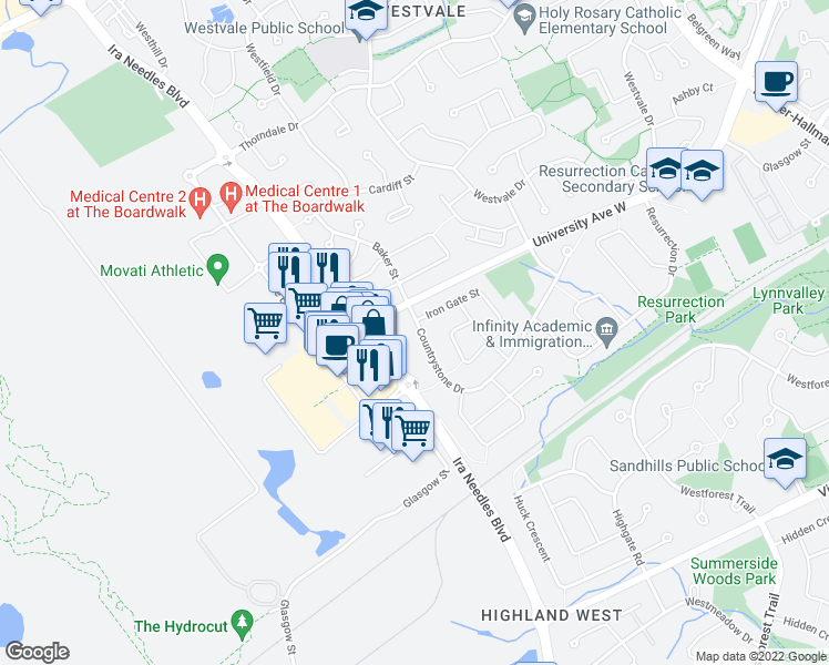 map of restaurants, bars, coffee shops, grocery stores, and more near 1383 Countrystone Drive in Waterloo