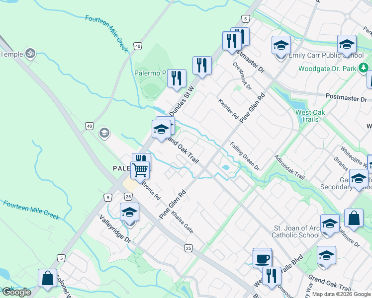 map of restaurants, bars, coffee shops, grocery stores, and more near 2561 Grand Oak Trail in Oakville