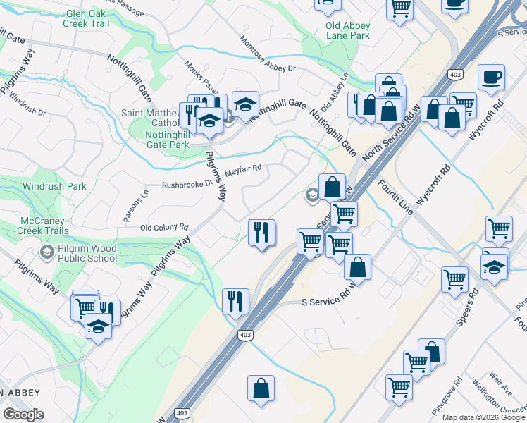 map of restaurants, bars, coffee shops, grocery stores, and more near 1120 Montgomery Drive in Oakville