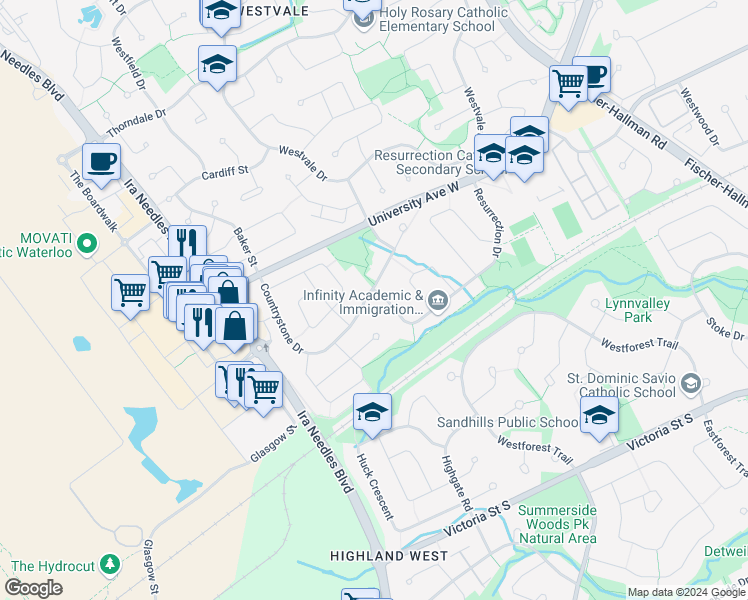 map of restaurants, bars, coffee shops, grocery stores, and more near 279 Resurrection Drive in Kitchener