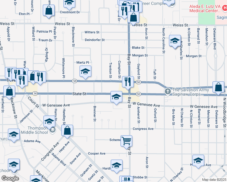 map of restaurants, bars, coffee shops, grocery stores, and more near 2810 State Street in Saginaw