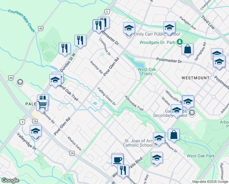 map of restaurants, bars, coffee shops, grocery stores, and more near 2195 Kwinter Road in Oakville