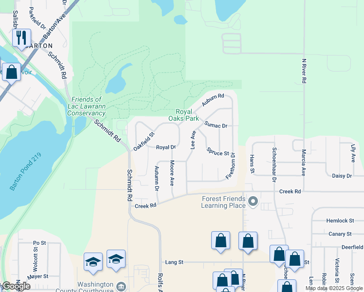 map of restaurants, bars, coffee shops, grocery stores, and more near 1307 Royal Drive in West Bend
