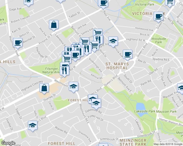 map of restaurants, bars, coffee shops, grocery stores, and more near 67 Admiral Road in Kitchener
