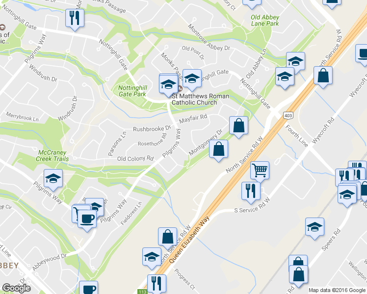 map of restaurants, bars, coffee shops, grocery stores, and more near 1163 Montgomery Drive in Oakville
