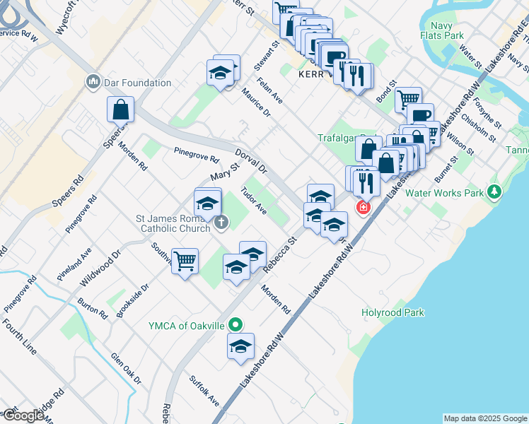map of restaurants, bars, coffee shops, grocery stores, and more near Tudor Avenue in Oakville