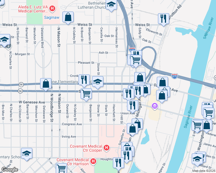 map of restaurants, bars, coffee shops, grocery stores, and more near 2116 Stark Street in Saginaw