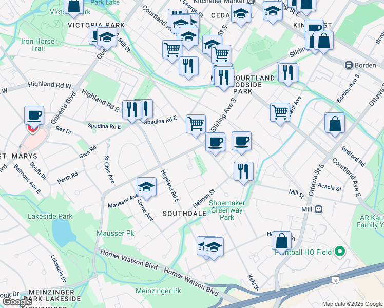 map of restaurants, bars, coffee shops, grocery stores, and more near 393 Stirling Avenue South in Kitchener