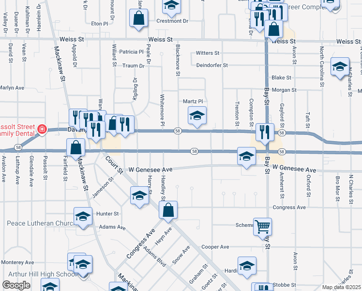 map of restaurants, bars, coffee shops, grocery stores, and more near 3102 State Street in Saginaw
