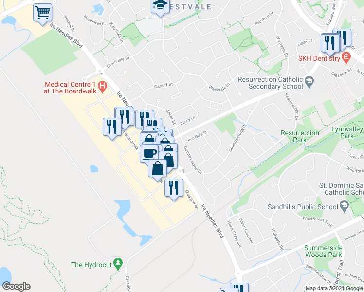 map of restaurants, bars, coffee shops, grocery stores, and more near 1389 Countrystone Drive in Waterloo