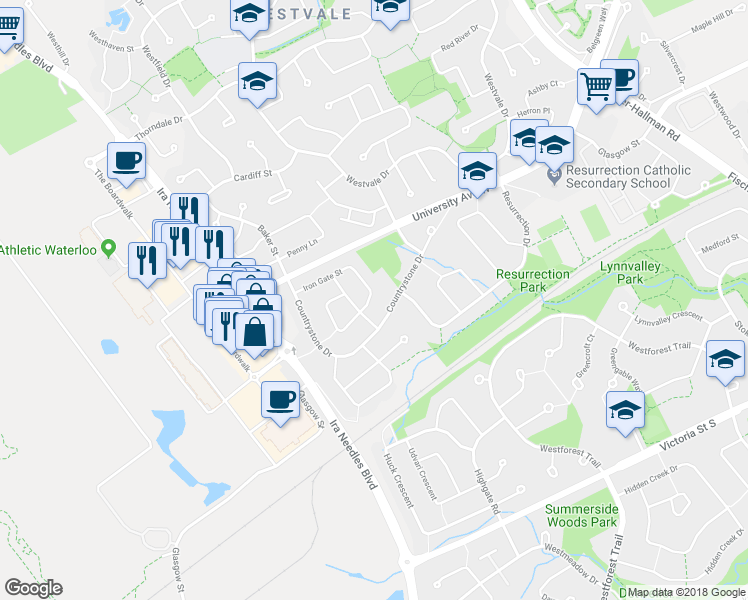 map of restaurants, bars, coffee shops, grocery stores, and more near 147 Iron Gate Street in Kitchener