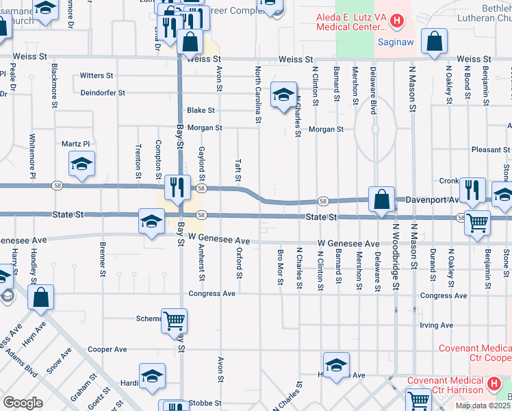 map of restaurants, bars, coffee shops, grocery stores, and more near 2114 North Carolina Street in Saginaw