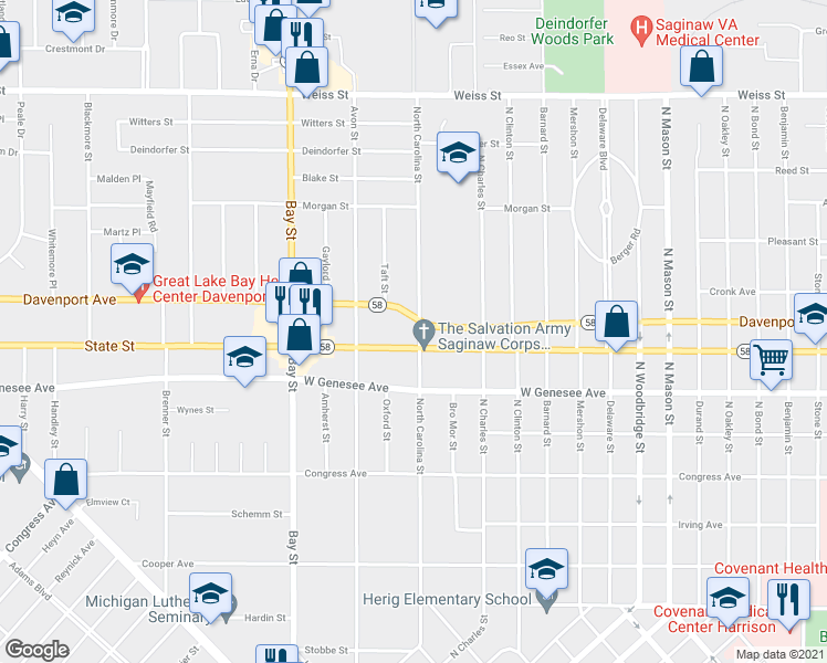 map of restaurants, bars, coffee shops, grocery stores, and more near 2113 North Carolina Street in Saginaw