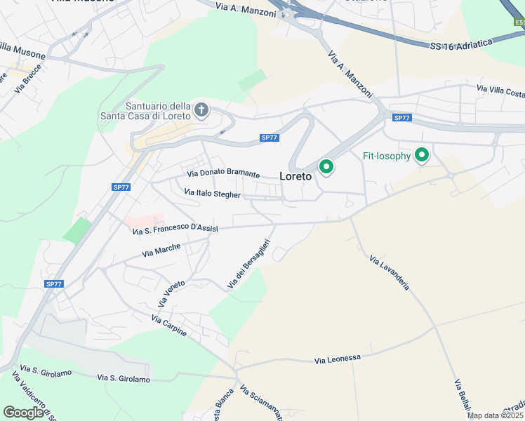 map of restaurants, bars, coffee shops, grocery stores, and more near 5 Via Tebaldini in Loreto