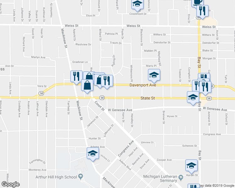map of restaurants, bars, coffee shops, grocery stores, and more near 2110 North Morson Street in Saginaw