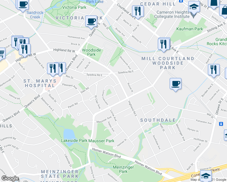 map of restaurants, bars, coffee shops, grocery stores, and more near 43 Lorne Crescent in Kitchener