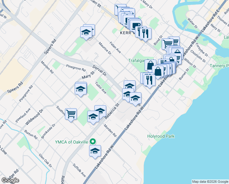 map of restaurants, bars, coffee shops, grocery stores, and more near 253 Hanover Street in Oakville
