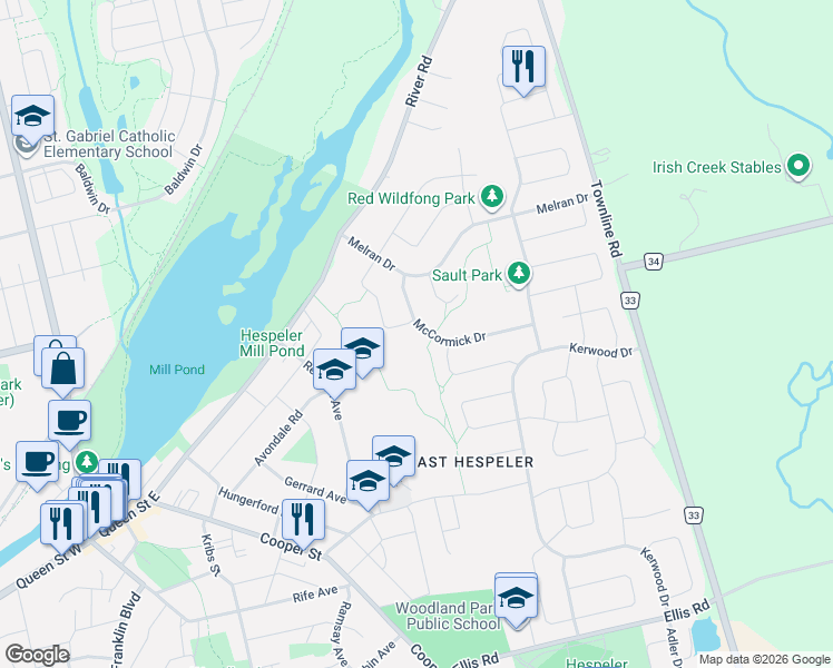 map of restaurants, bars, coffee shops, grocery stores, and more near 44 McCormick Drive in Cambridge