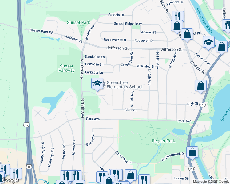 map of restaurants, bars, coffee shops, grocery stores, and more near 1311 Green Tree Road in West Bend