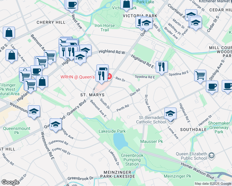 map of restaurants, bars, coffee shops, grocery stores, and more near 172 Binscarth Road in Kitchener