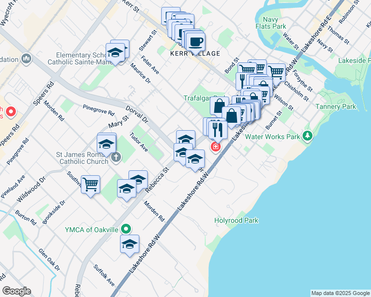 map of restaurants, bars, coffee shops, grocery stores, and more near 249 Rebecca Street in Oakville