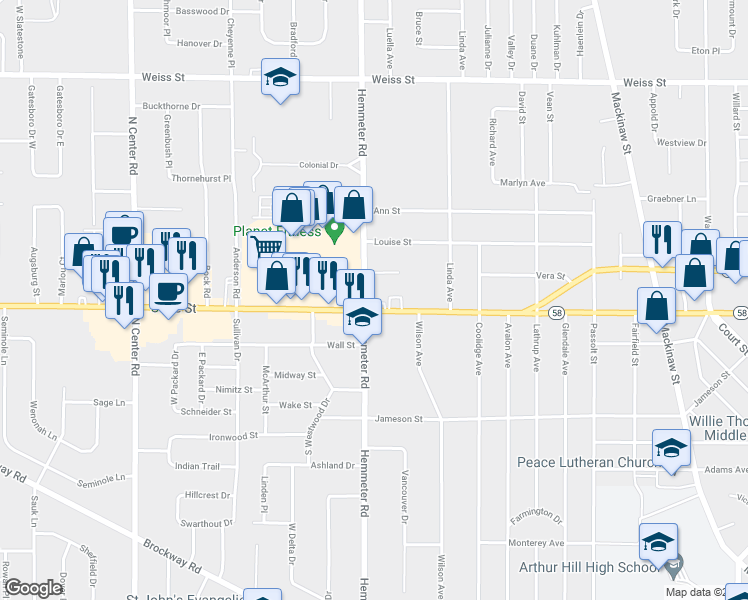 map of restaurants, bars, coffee shops, grocery stores, and more near 4480 State Street in Saginaw