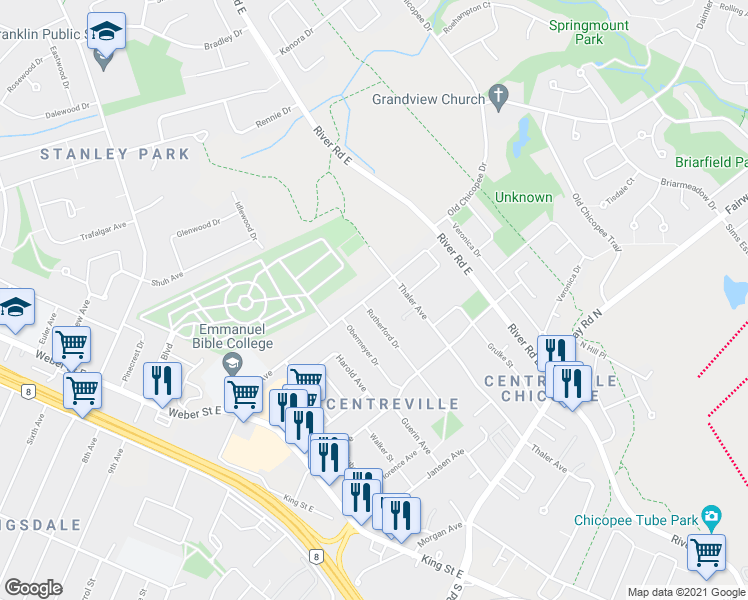 map of restaurants, bars, coffee shops, grocery stores, and more near 267 Fergus Avenue in Kitchener