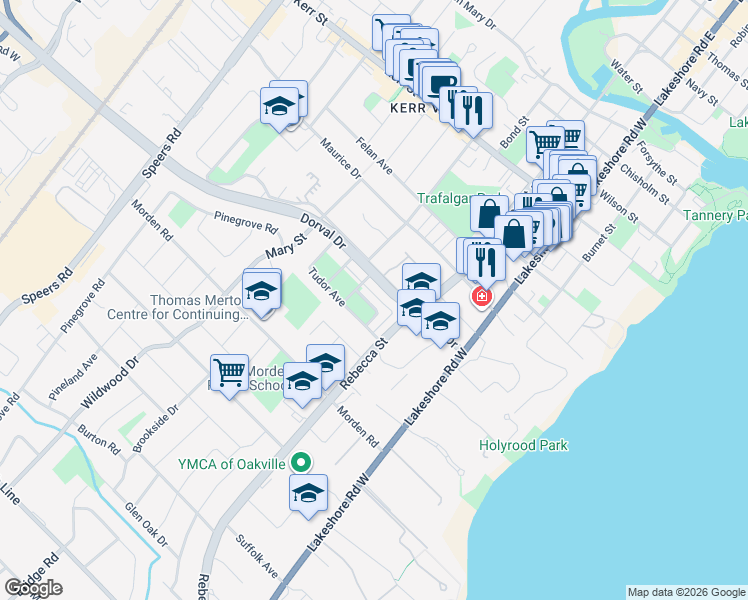map of restaurants, bars, coffee shops, grocery stores, and more near 253 Hanover Street in Oakville