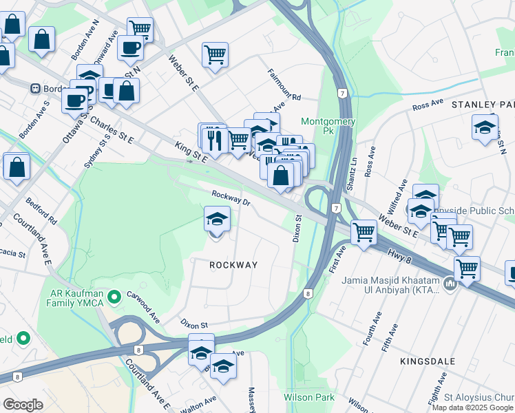 map of restaurants, bars, coffee shops, grocery stores, and more near 760 Rockway Drive in Kitchener